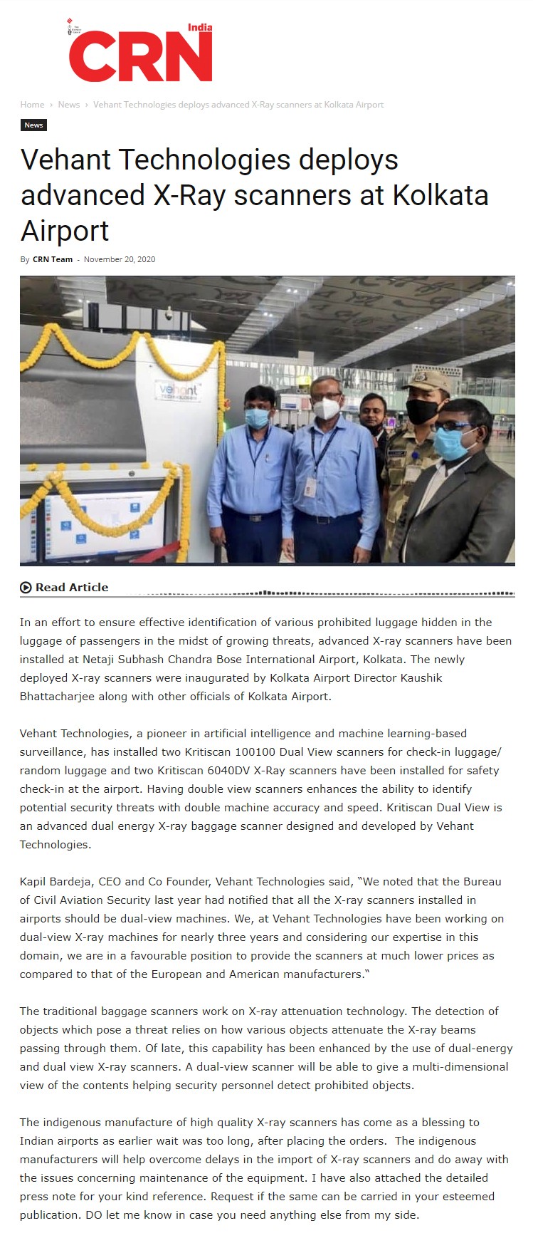 CRN News covers inauguration of dual view x-ray baggage scanners at Kolkata Airport on Novermber 20, 2020